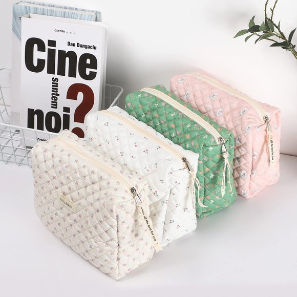 Women Kawaii Floral Cosmetic Large Travel Toiletry Cosmetic Pouch Creamy Green - Picture 8 of 8